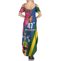 Solomon Islands Independence Day Family Matching Summer Maxi Dress and Hawaiian Shirt Coat Of Arms With Tropical Flowers