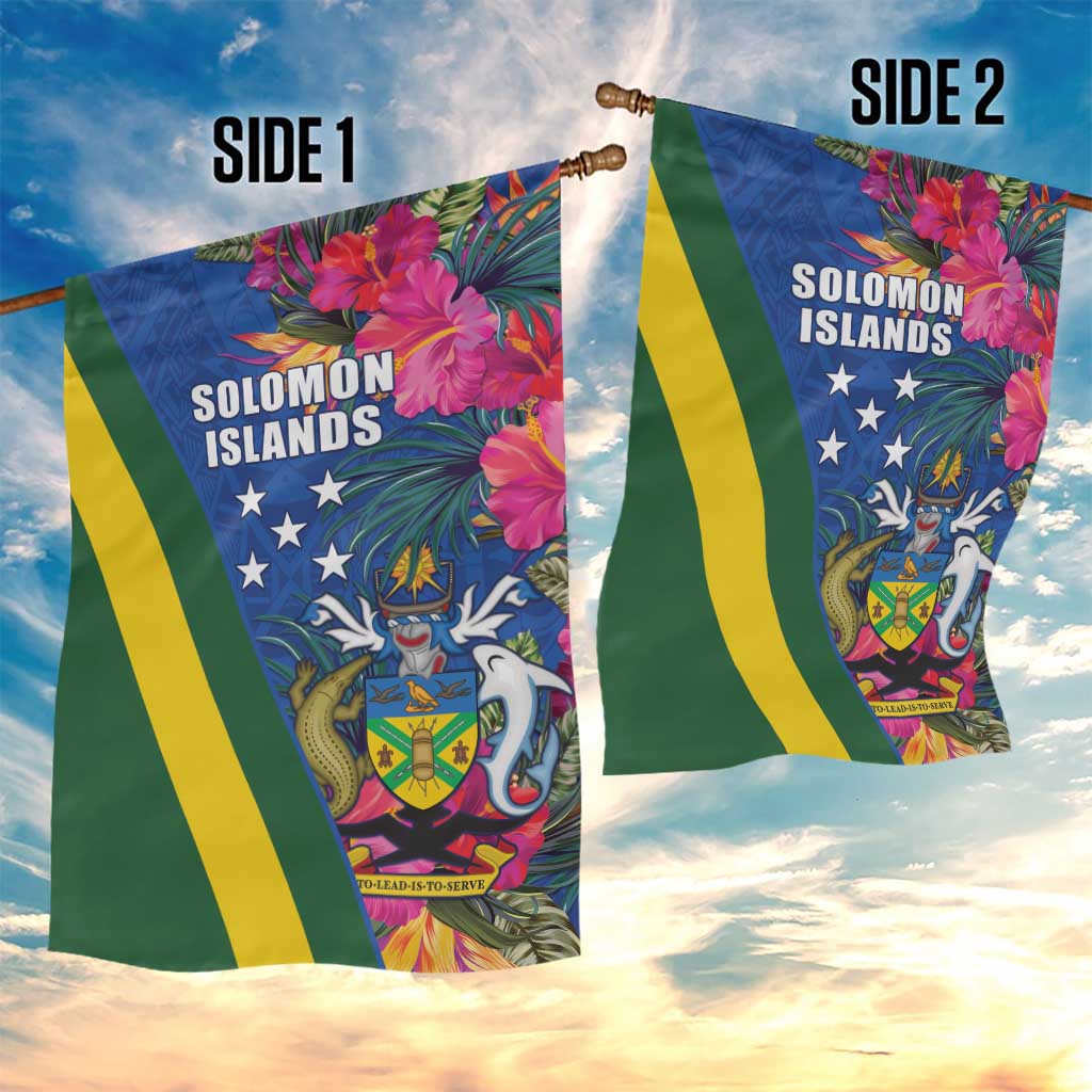 Solomon Islands Independence Day Garden Flag Coat Of Arms With Tropical Flowers