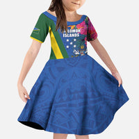 Solomon Islands Independence Day Kid Short Sleeve Dress Coat Of Arms With Tropical Flowers