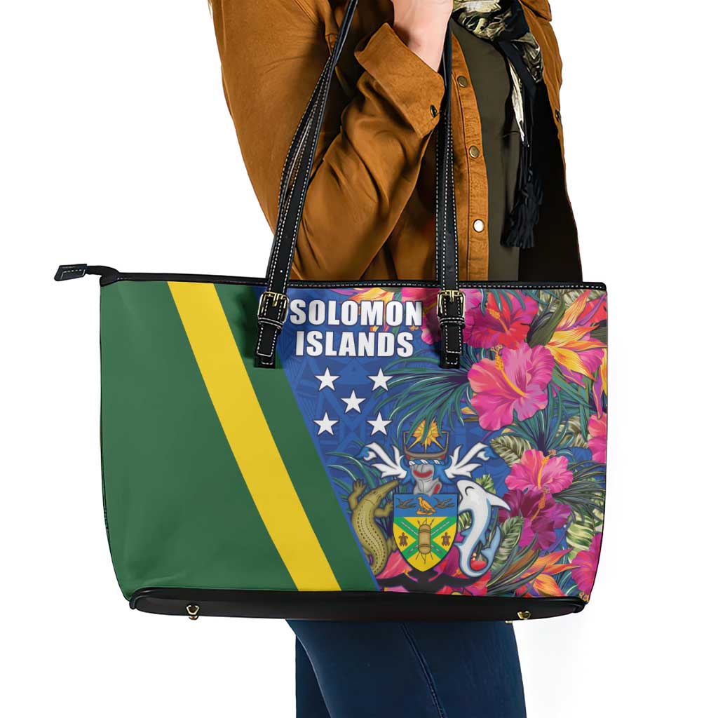 Solomon Islands Independence Day Leather Tote Bag Coat Of Arms With Tropical Flowers