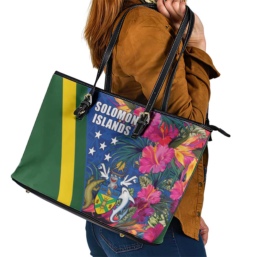 Solomon Islands Independence Day Leather Tote Bag Coat Of Arms With Tropical Flowers