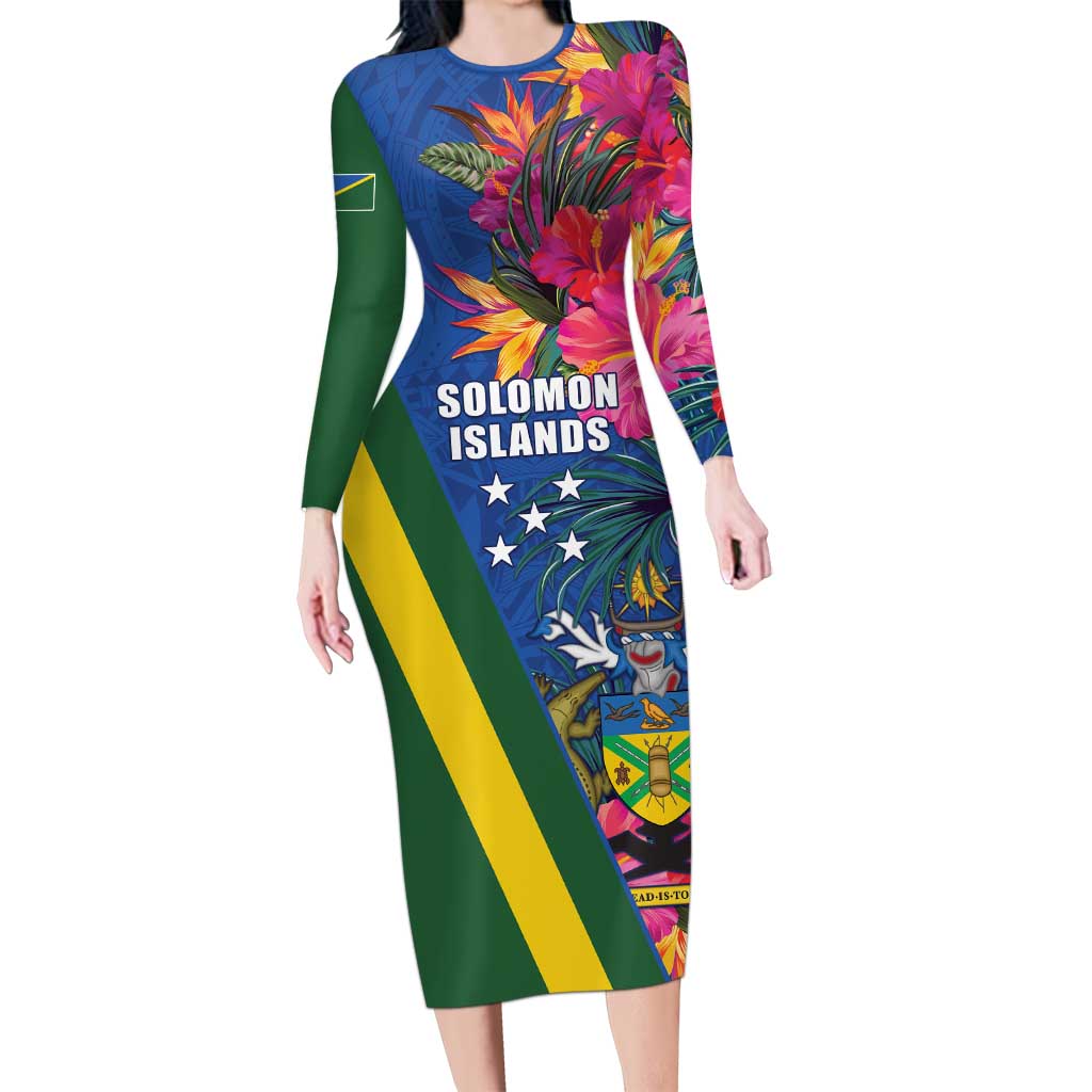 Solomon Islands Independence Day Long Sleeve Bodycon Dress Coat Of Arms With Tropical Flowers