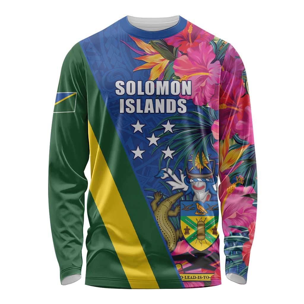 Solomon Islands Independence Day Long Sleeve Shirt Coat Of Arms With Tropical Flowers