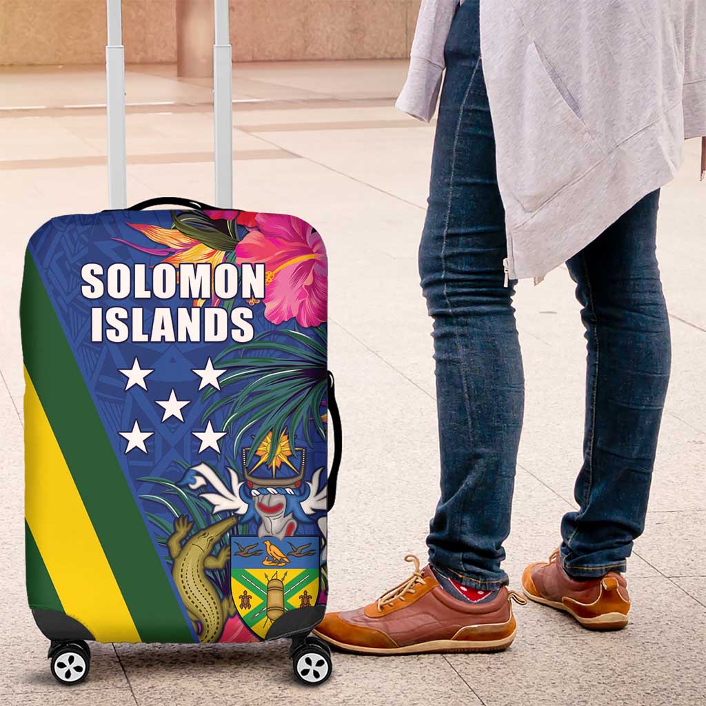 Solomon Islands Independence Day Luggage Cover Coat Of Arms With Tropical Flowers