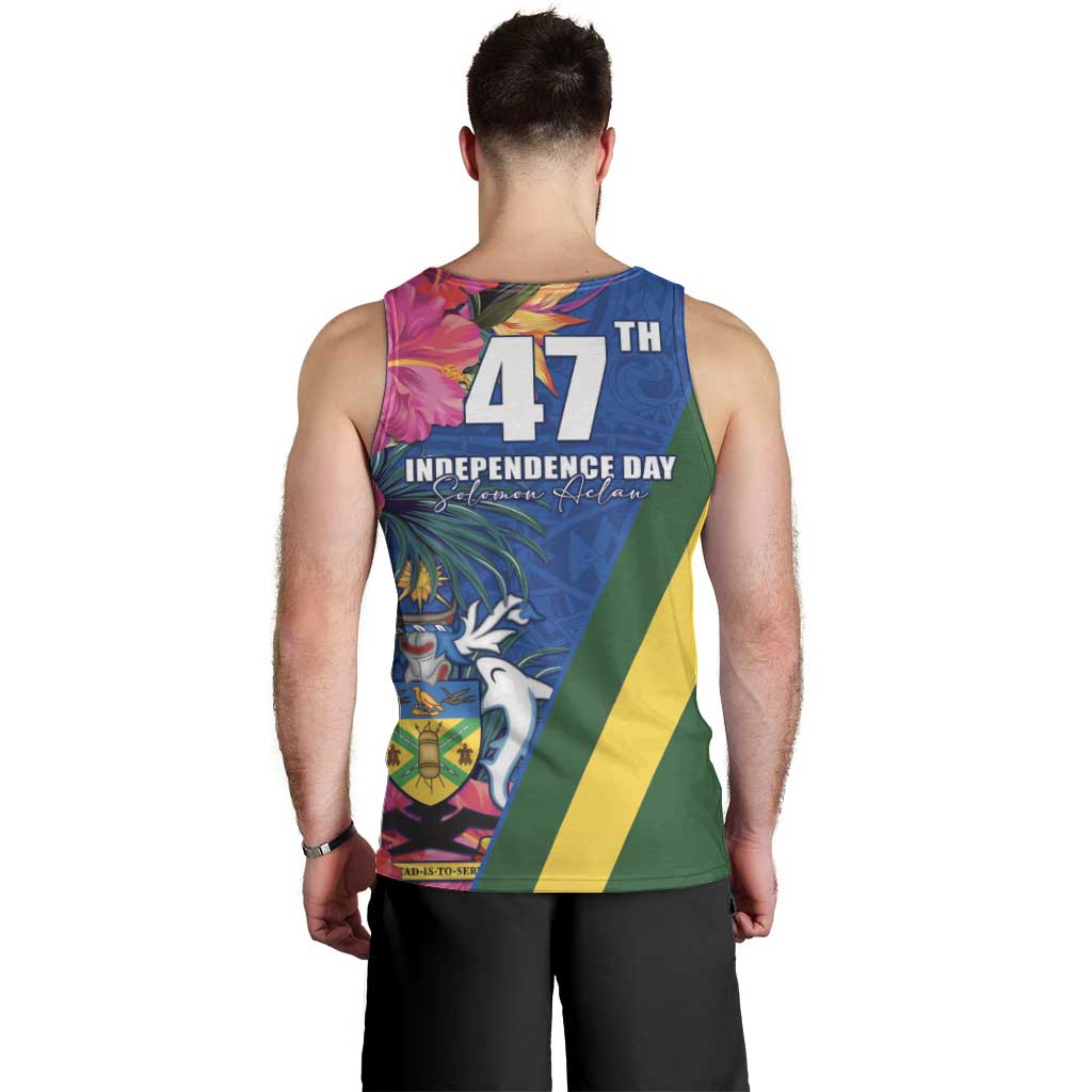 Solomon Islands Independence Day Men Tank Top Coat Of Arms With Tropical Flowers