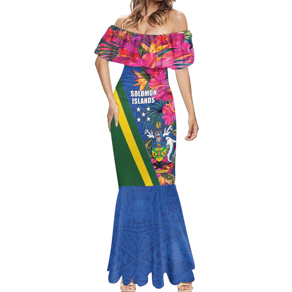 Solomon Islands Independence Day Mermaid Dress Coat Of Arms With Tropical Flowers