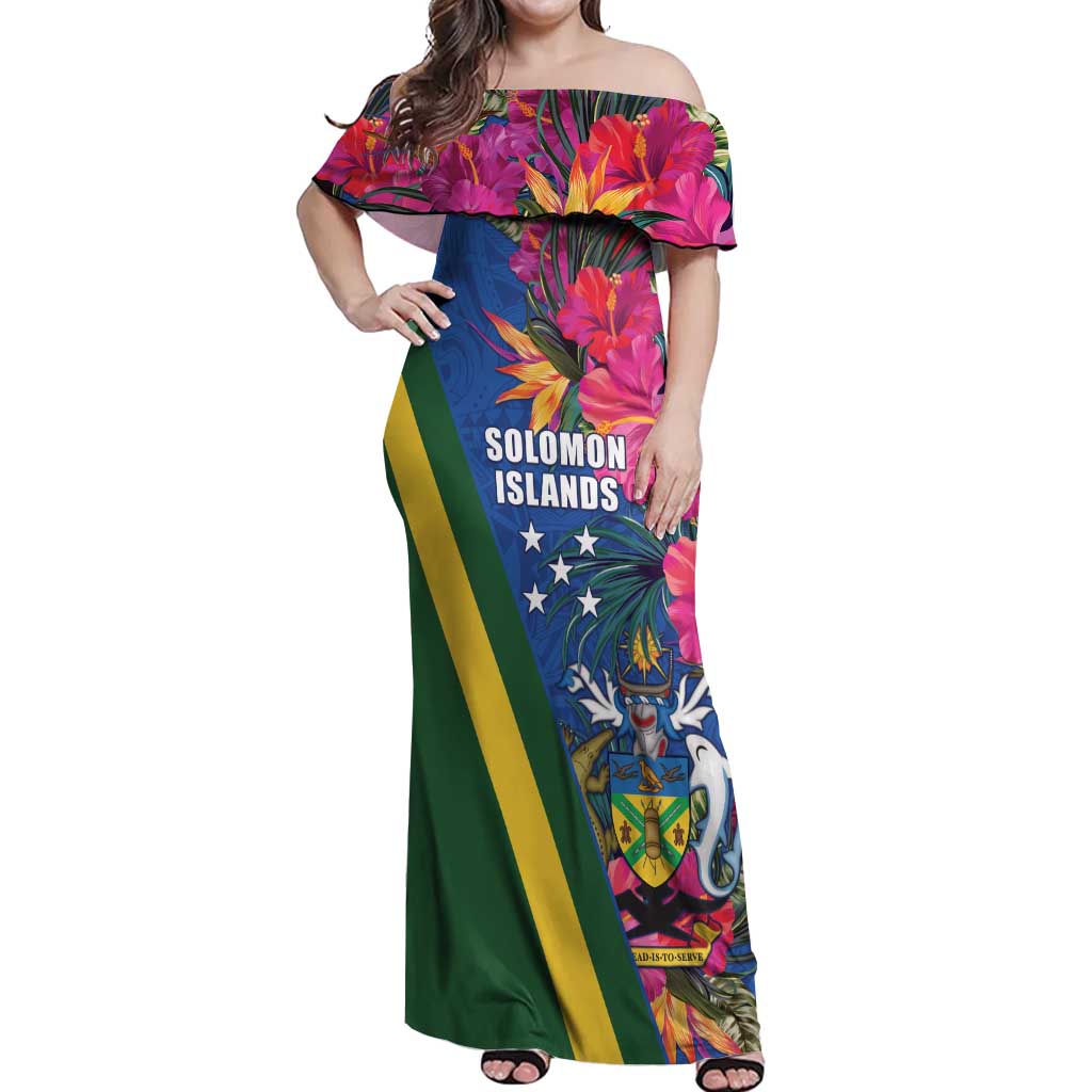 Solomon Islands Independence Day Off Shoulder Maxi Dress Coat Of Arms With Tropical Flowers