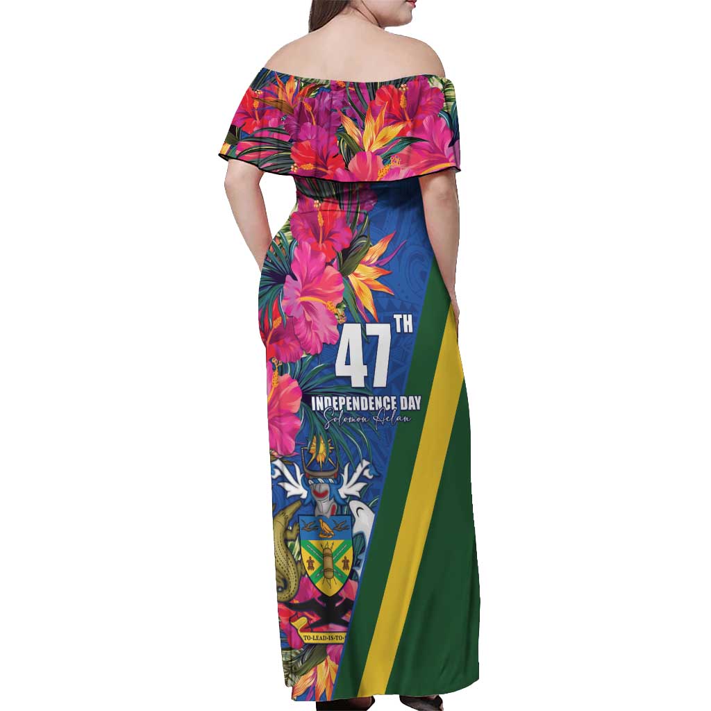 Solomon Islands Independence Day Off Shoulder Maxi Dress Coat Of Arms With Tropical Flowers