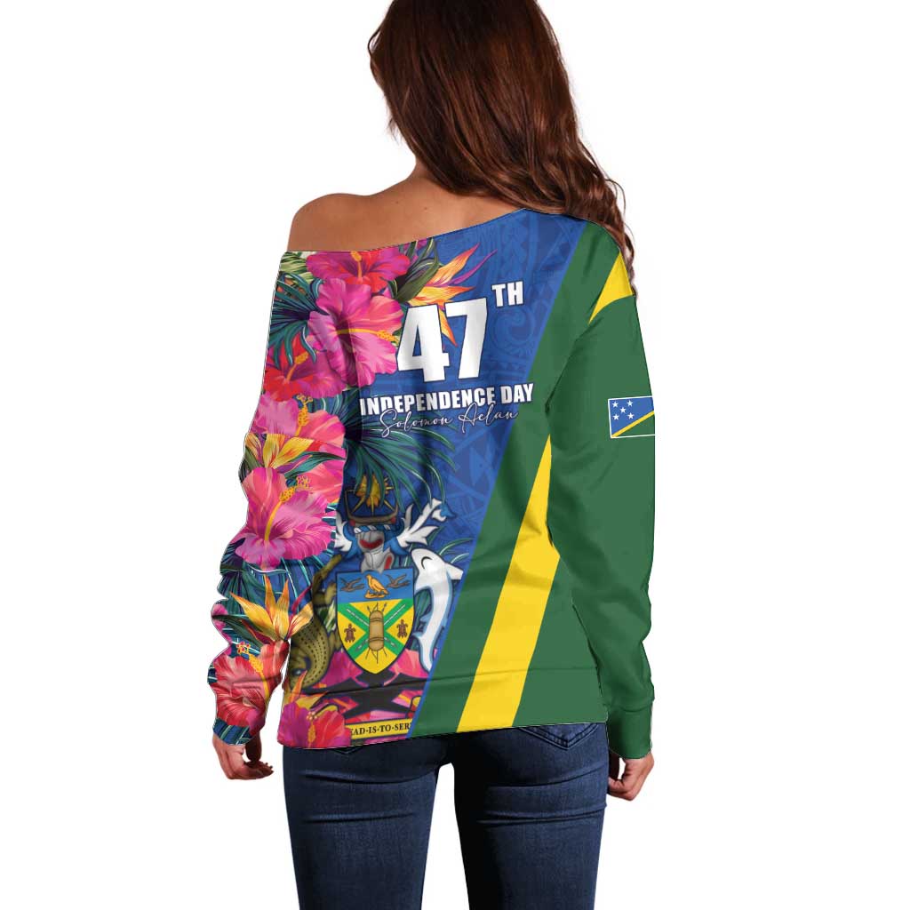 Solomon Islands Independence Day Off Shoulder Sweater Coat Of Arms With Tropical Flowers