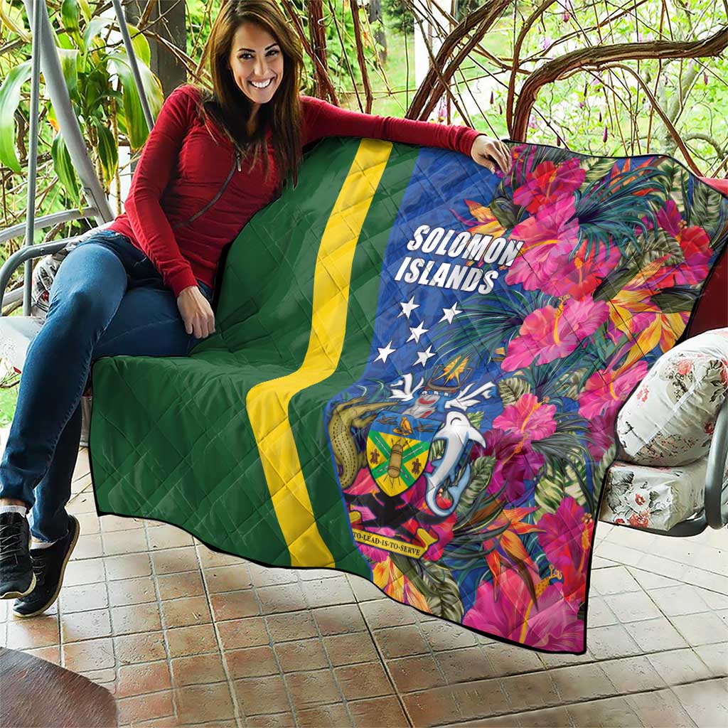 Solomon Islands Independence Day Quilt Coat Of Arms With Tropical Flowers