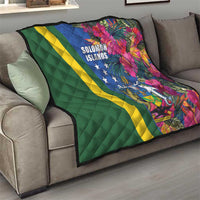 Solomon Islands Independence Day Quilt Coat Of Arms With Tropical Flowers