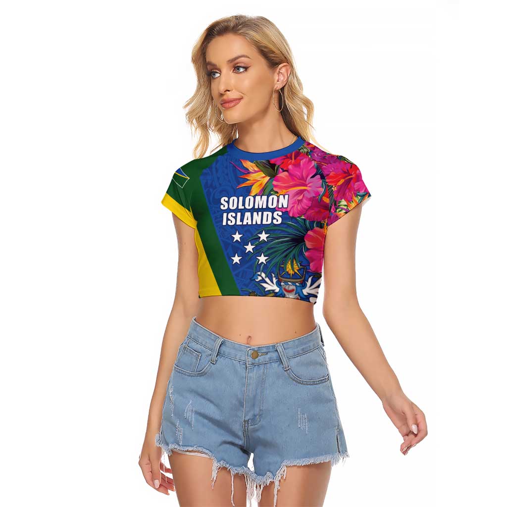 Solomon Islands Independence Day Raglan Cropped T Shirt Coat Of Arms With Tropical Flowers