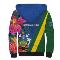 Solomon Islands Independence Day Sherpa Hoodie Coat Of Arms With Tropical Flowers