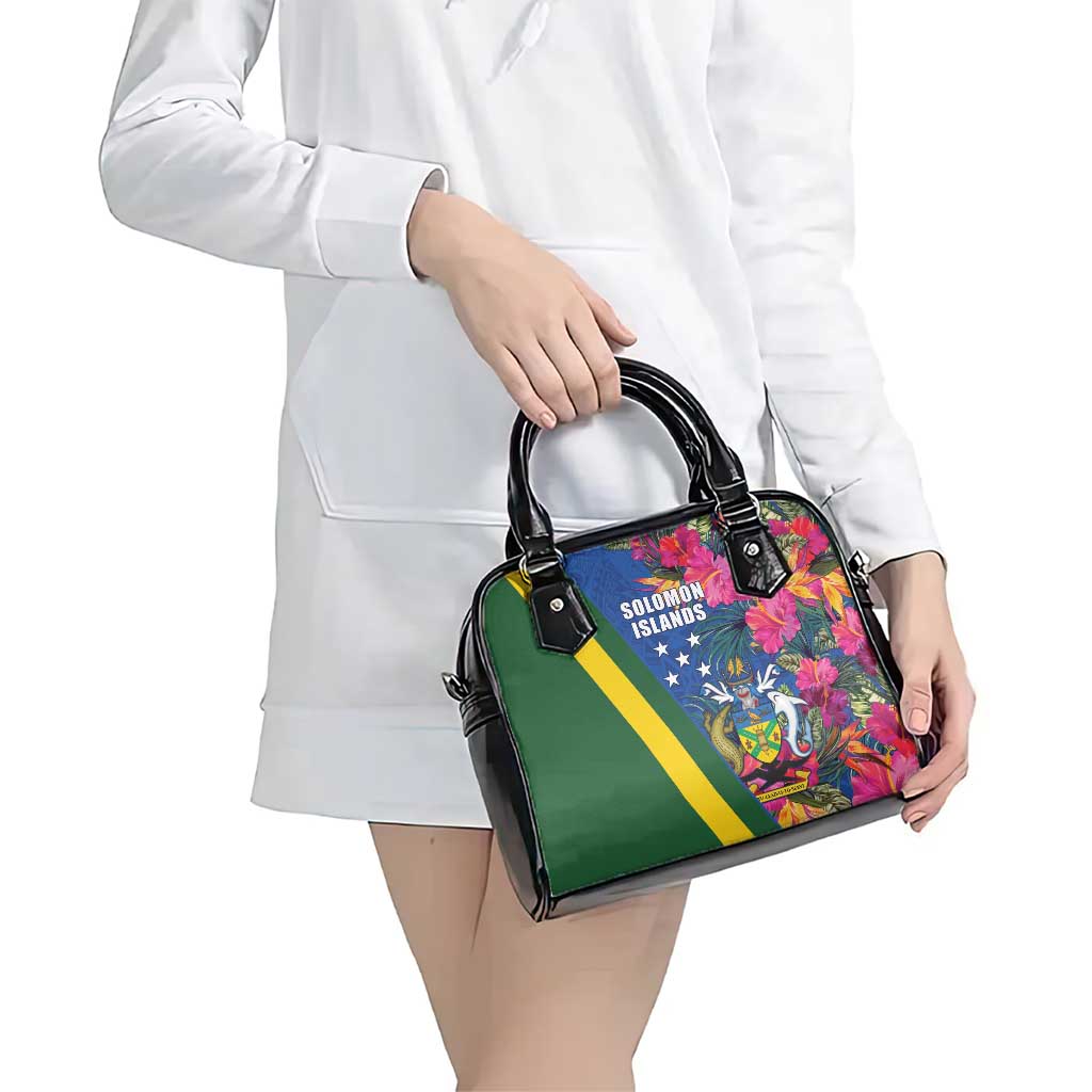 Solomon Islands Independence Day Shoulder Handbag Coat Of Arms With Tropical Flowers
