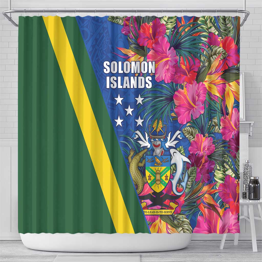 Solomon Islands Independence Day Shower Curtain Coat Of Arms With Tropical Flowers