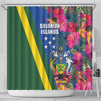 Solomon Islands Independence Day Shower Curtain Coat Of Arms With Tropical Flowers