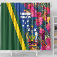 Solomon Islands Independence Day Shower Curtain Coat Of Arms With Tropical Flowers