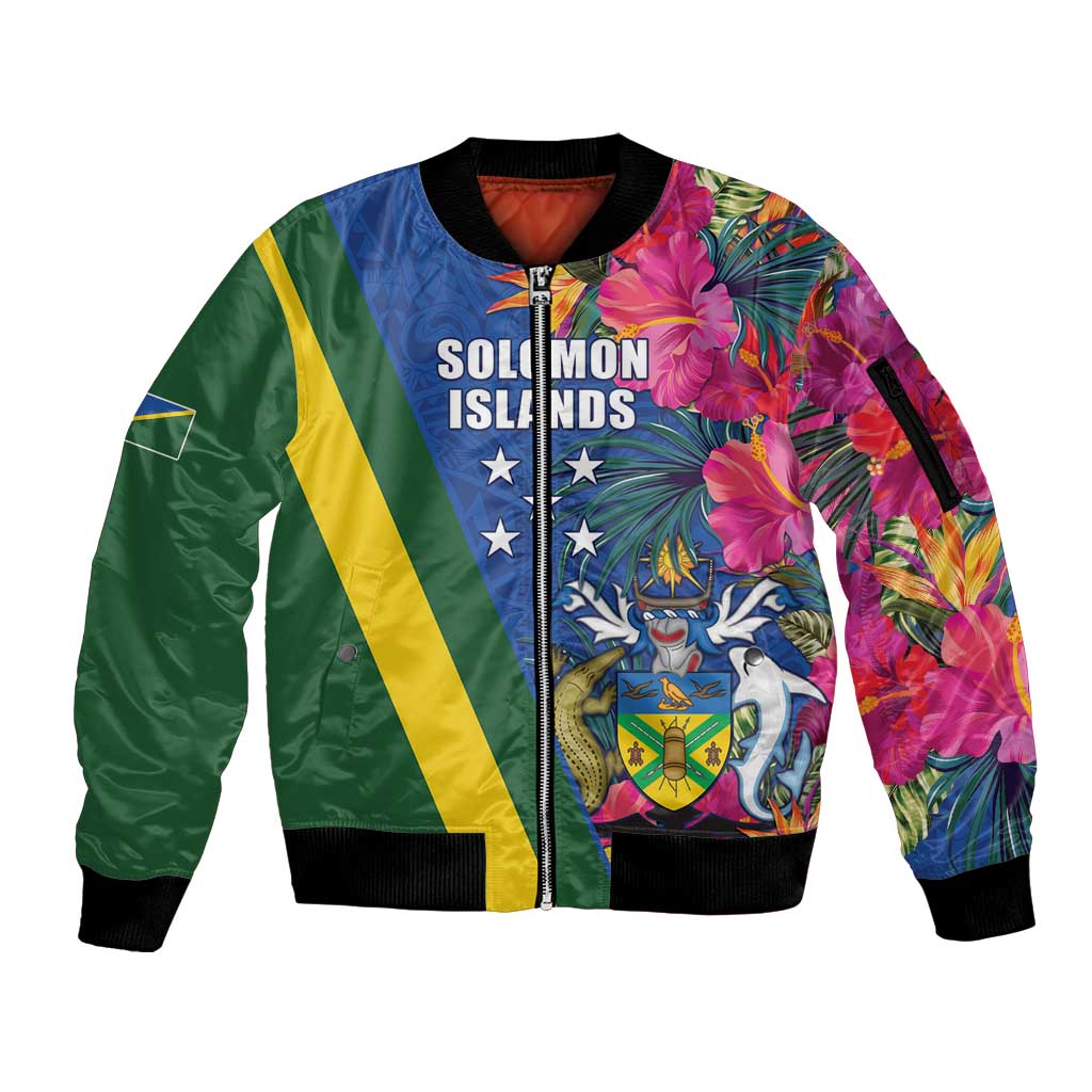 Solomon Islands Independence Day Sleeve Zip Bomber Jacket Coat Of Arms With Tropical Flowers