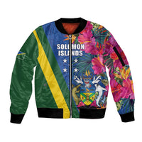 Solomon Islands Independence Day Sleeve Zip Bomber Jacket Coat Of Arms With Tropical Flowers