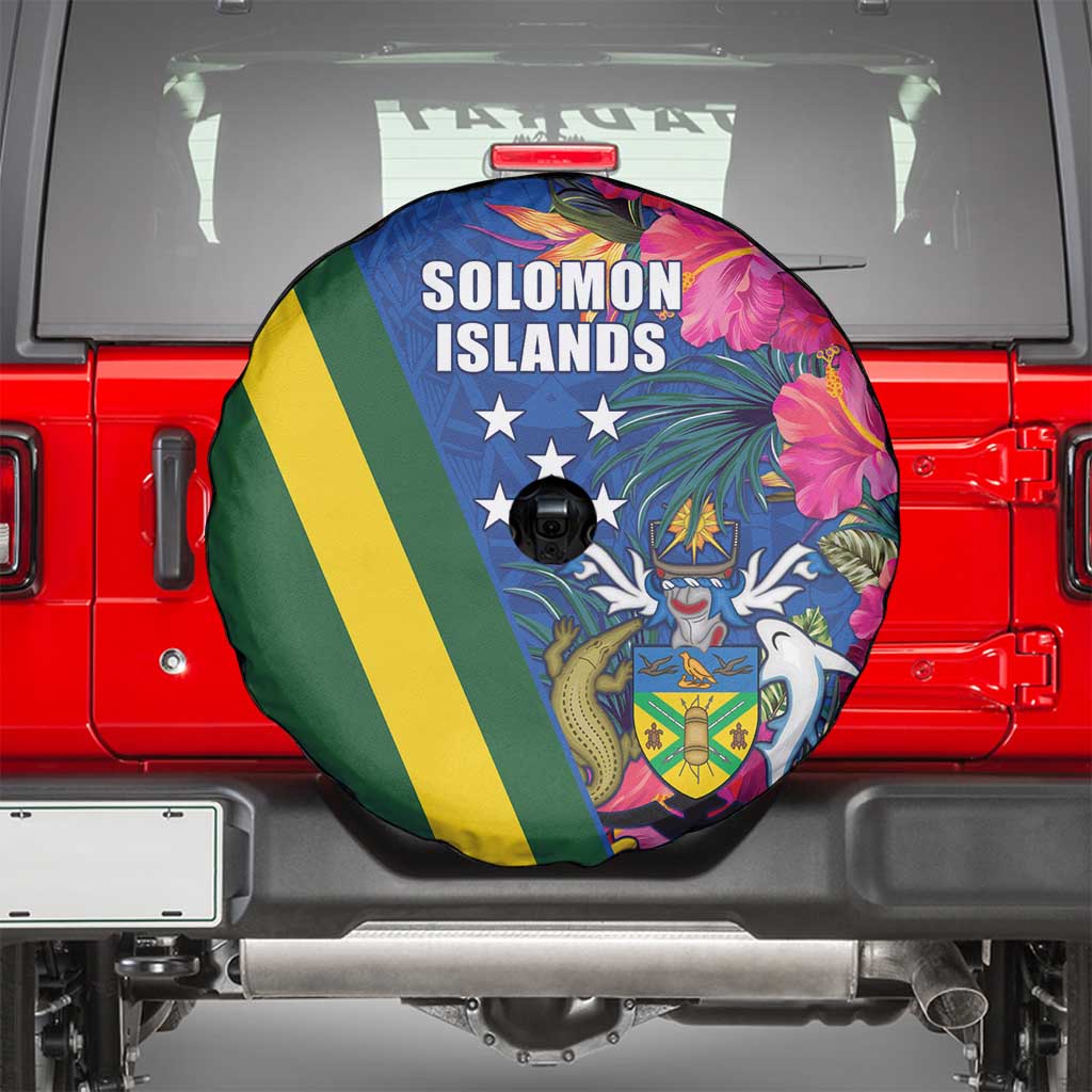 Solomon Islands Independence Day Spare Tire Cover Coat Of Arms With Tropical Flowers