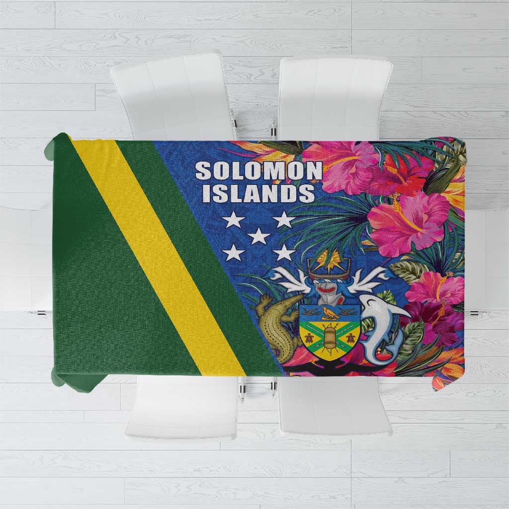 Solomon Islands Independence Day Tablecloth Coat Of Arms With Tropical Flowers