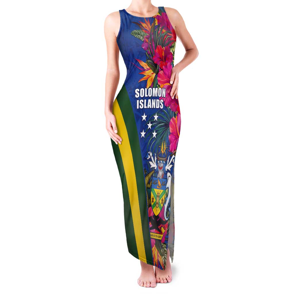 Solomon Islands Independence Day Tank Maxi Dress Coat Of Arms With Tropical Flowers