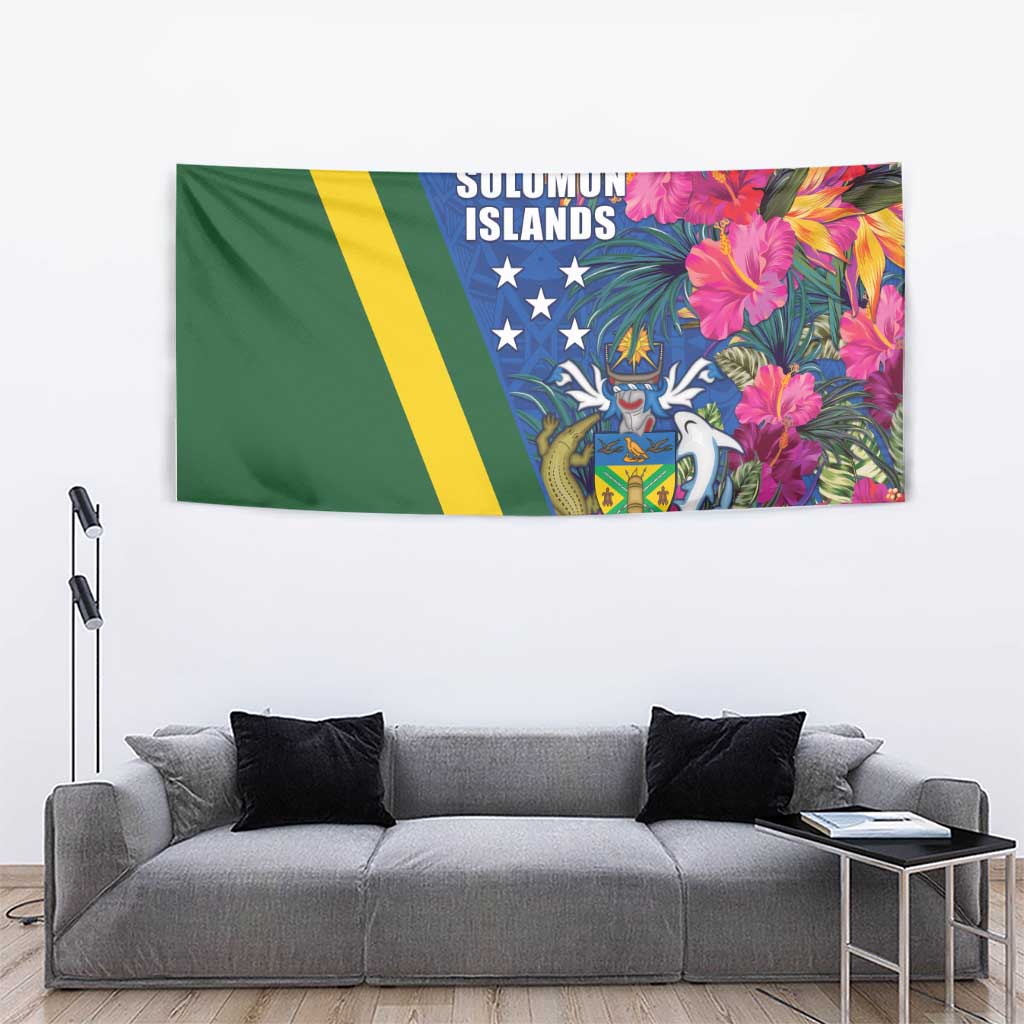 Solomon Islands Independence Day Tapestry Coat Of Arms With Tropical Flowers