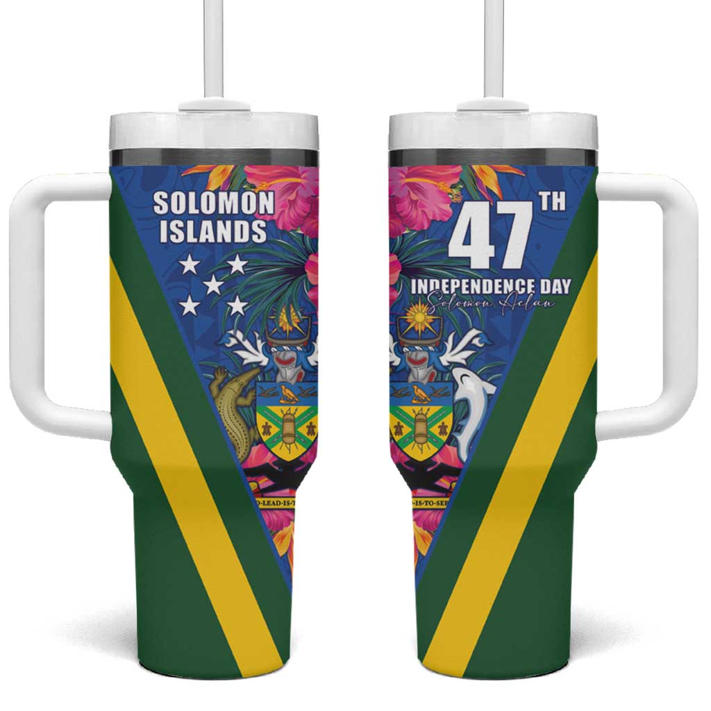 Solomon Islands Independence Day Tumbler With Handle Coat Of Arms With Tropical Flowers