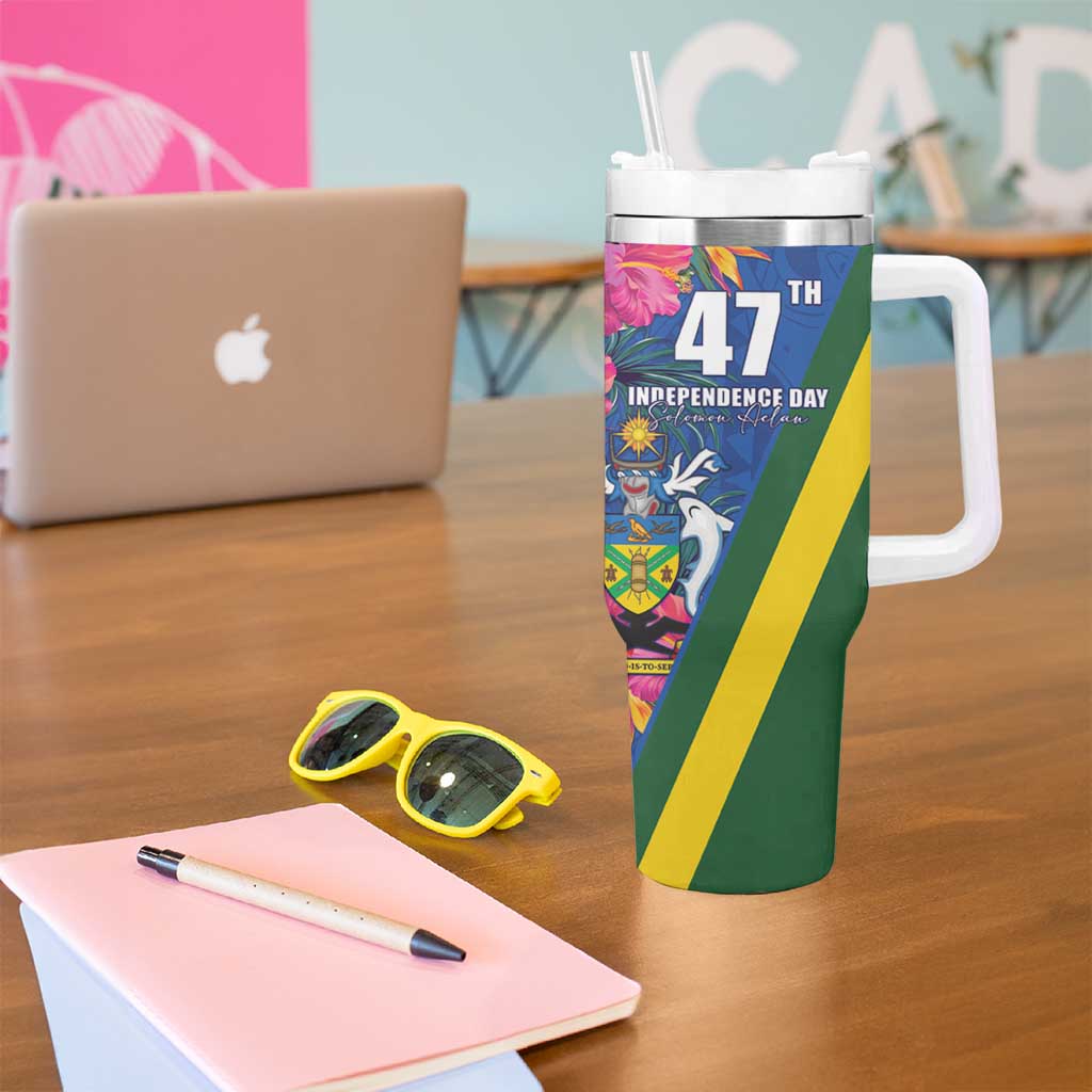 Solomon Islands Independence Day Tumbler With Handle Coat Of Arms With Tropical Flowers