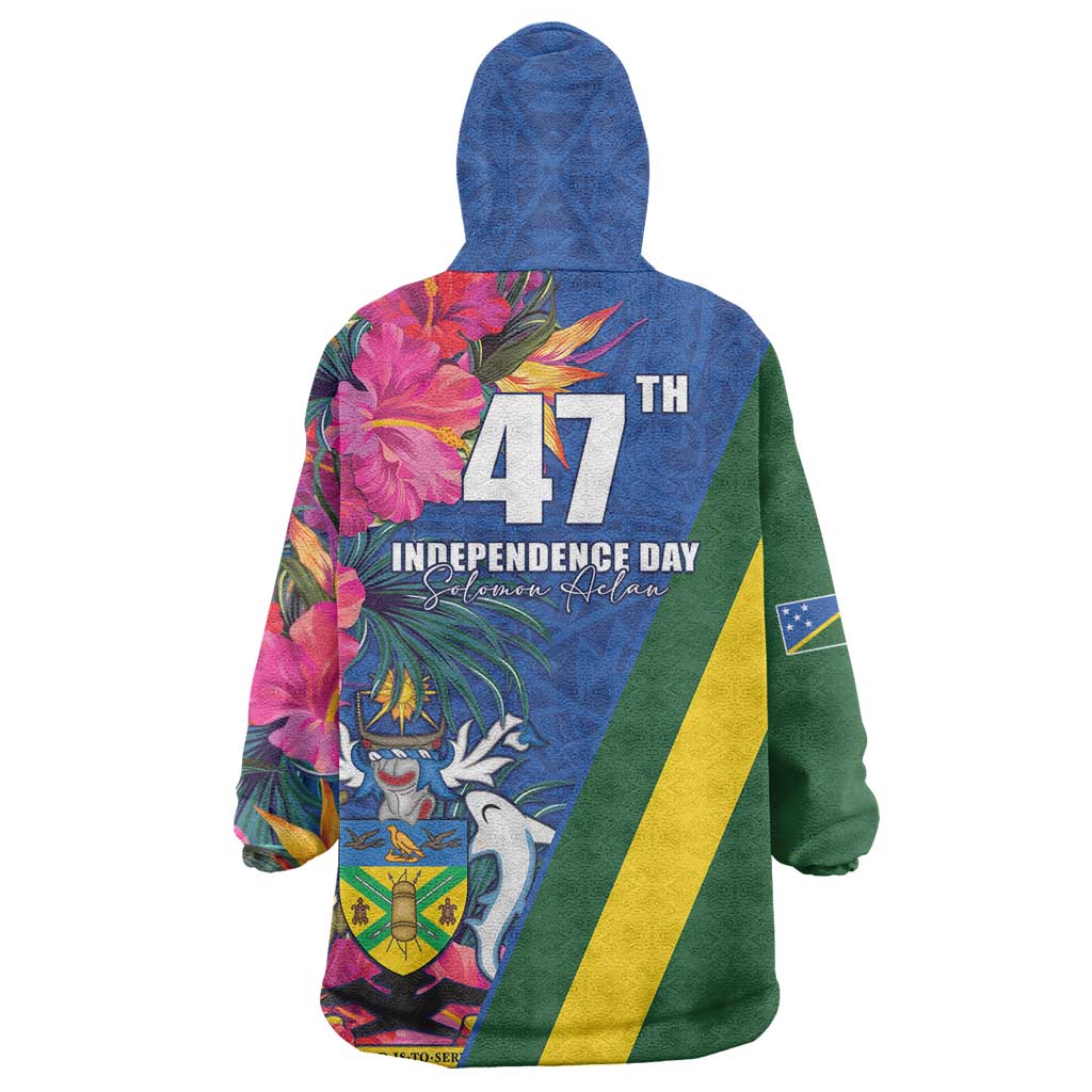 Solomon Islands Independence Day Wearable Blanket Hoodie Coat Of Arms With Tropical Flowers