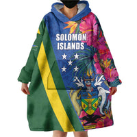 Solomon Islands Independence Day Wearable Blanket Hoodie Coat Of Arms With Tropical Flowers