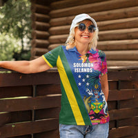 Solomon Islands Independence Day Women Polo Shirt Coat Of Arms With Tropical Flowers