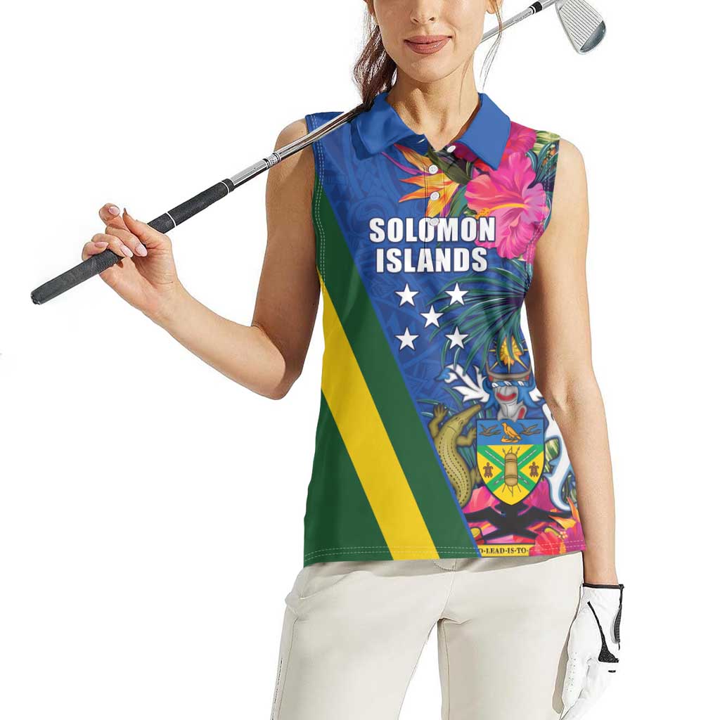 Solomon Islands Independence Day Women Sleeveless Polo Shirt Coat Of Arms With Tropical Flowers