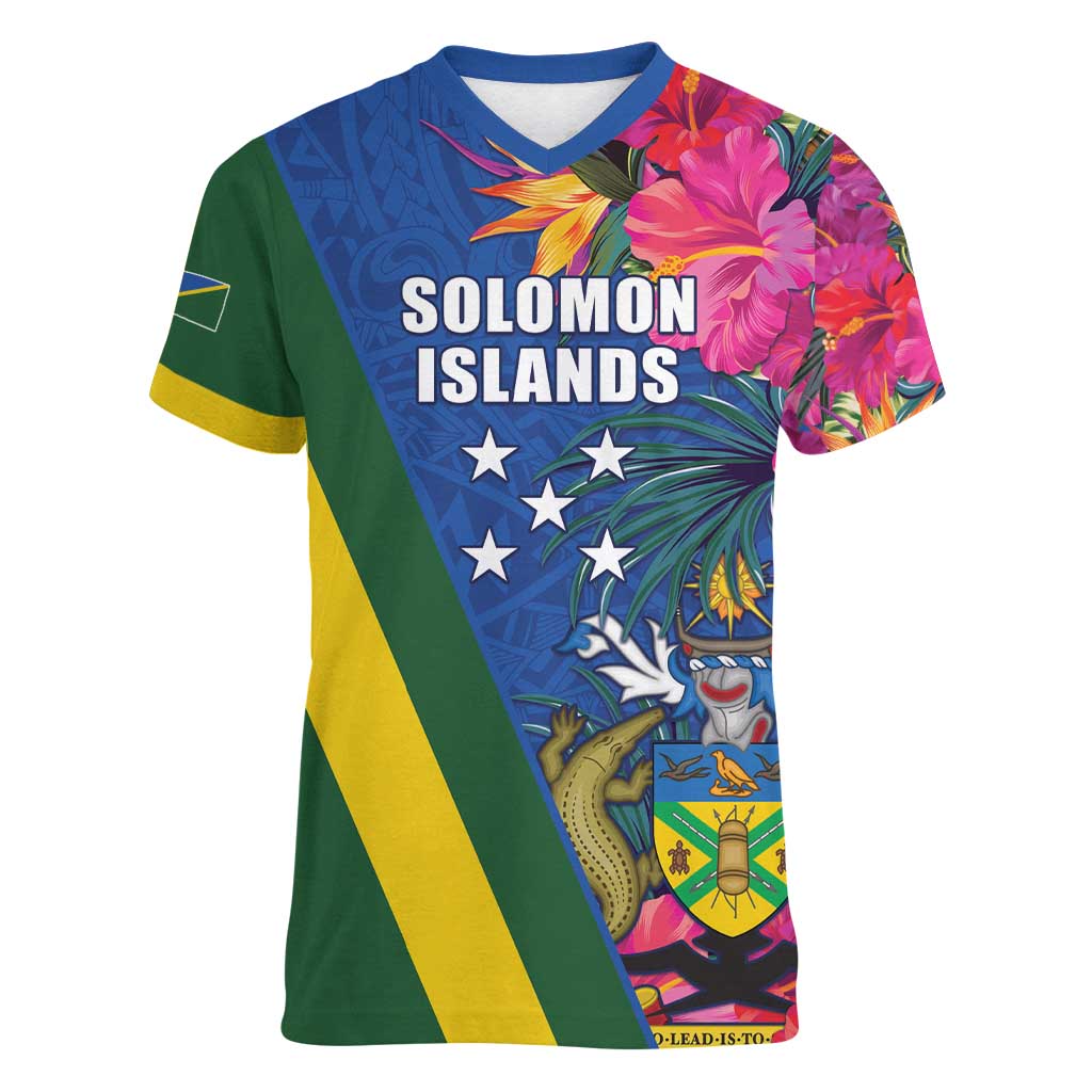Solomon Islands Independence Day Women V-Neck T-Shirt Coat Of Arms With Tropical Flowers