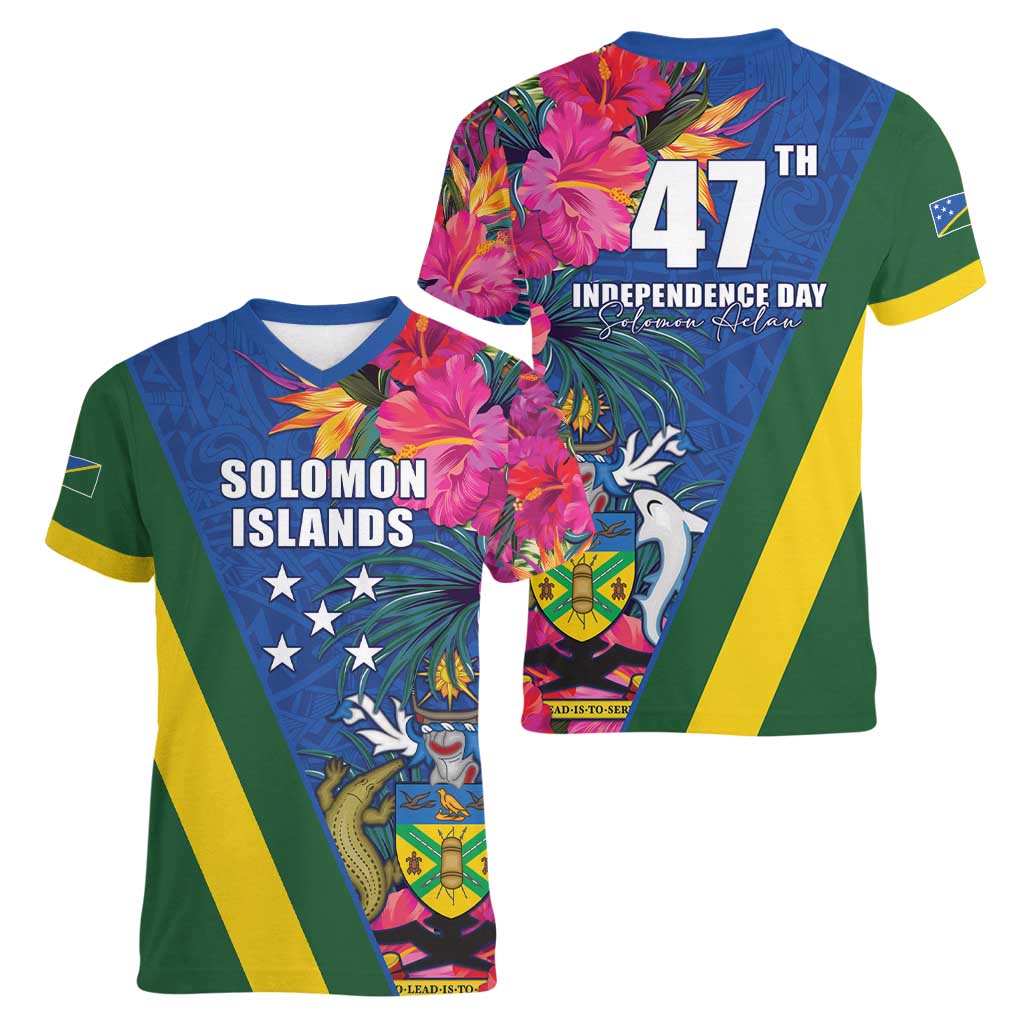 Solomon Islands Independence Day Women V-Neck T-Shirt Coat Of Arms With Tropical Flowers