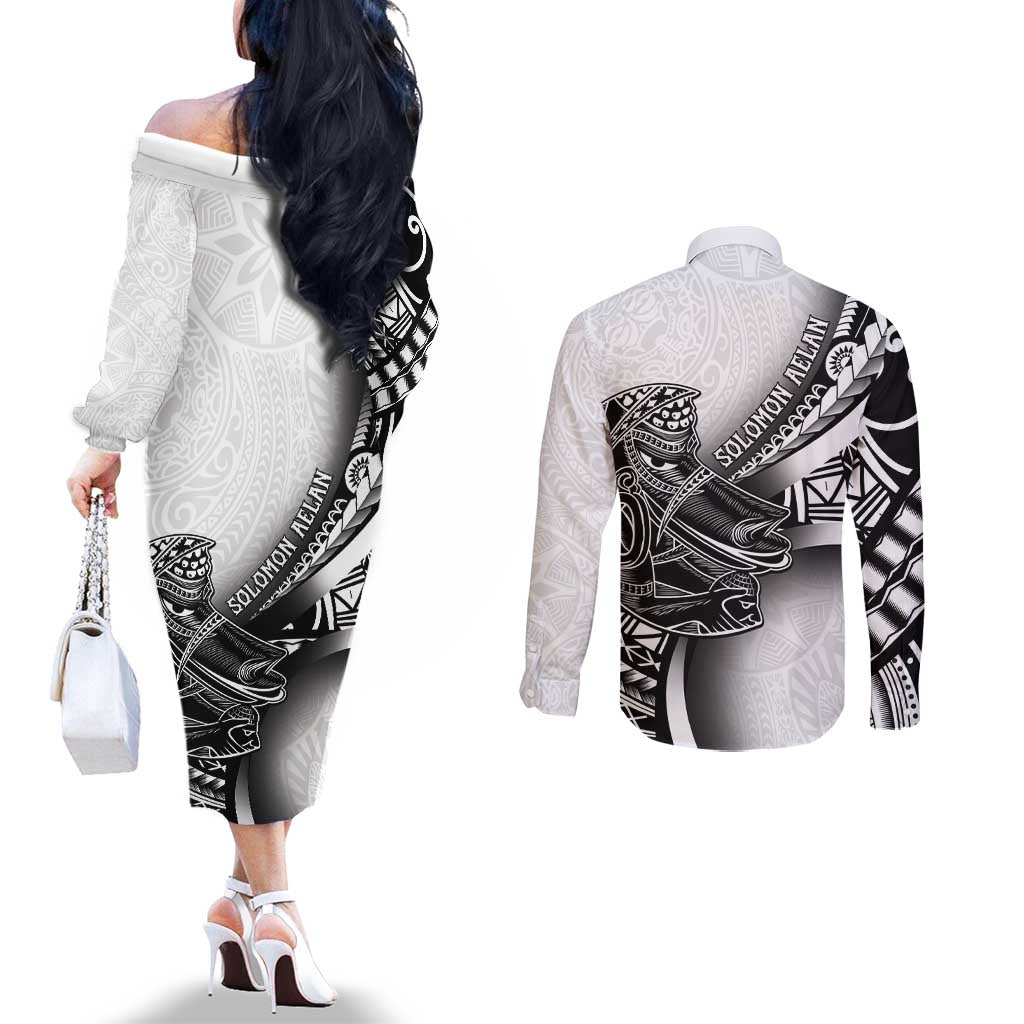 Solomon Islands Nguzunguzu Couples Matching Off The Shoulder Long Sleeve Dress and Long Sleeve Button Shirt Polynesian Tribal Pattern