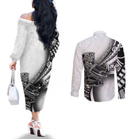 Solomon Islands Nguzunguzu Couples Matching Off The Shoulder Long Sleeve Dress and Long Sleeve Button Shirt Polynesian Tribal Pattern