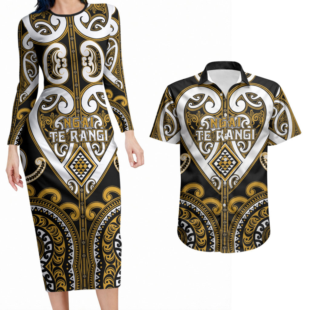Custom Aotearoa Ngai Te Rangi Couples Matching Long Sleeve Bodycon Dress and Hawaiian Shirt Maori Tribal Pattern LT05 Gold - Polynesian Pride