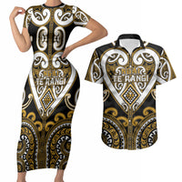 Custom Aotearoa Ngai Te Rangi Couples Matching Short Sleeve Bodycon Dress and Hawaiian Shirt Maori Tribal Pattern LT05 Gold - Polynesian Pride
