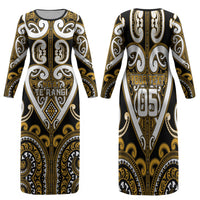 Custom Aotearoa Ngai Te Rangi Family Matching Long Sleeve Bodycon Dress and Hawaiian Shirt Maori Tribal Pattern LT05 Mom's Dress Gold - Polynesian Pride