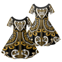 Custom Aotearoa Ngai Te Rangi Family Matching Short Sleeve Bodycon Dress and Hawaiian Shirt Maori Tribal Pattern LT05 Daughter's Dress Gold - Polynesian Pride