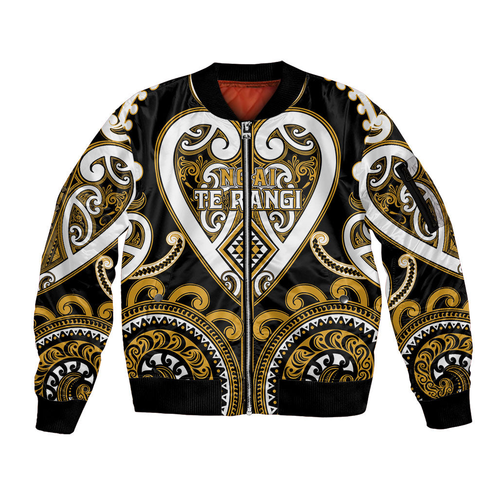 Custom Aotearoa Ngai Te Rangi Sleeve Zip Bomber Jacket Maori Tribal Pattern LT05 Unisex Gold - Polynesian Pride