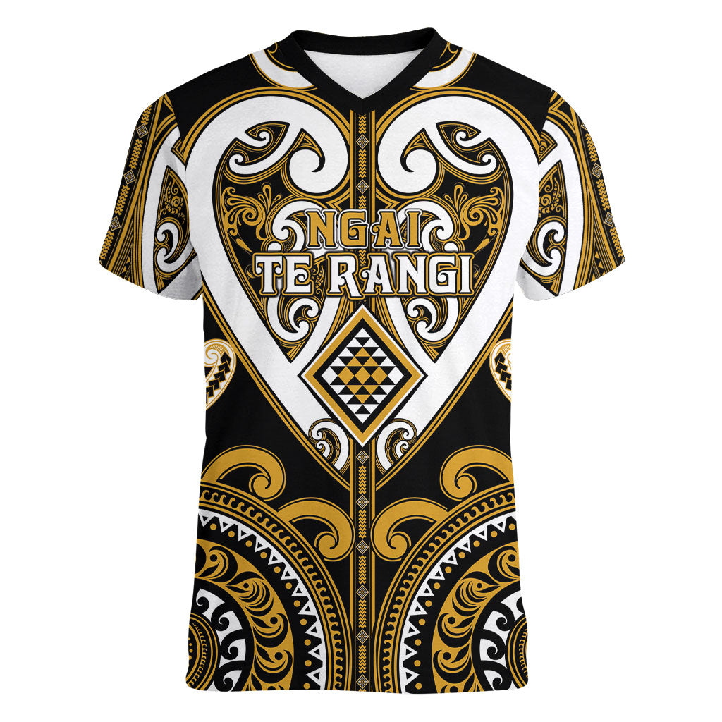 Custom Aotearoa Ngai Te Rangi Women V-Neck T-Shirt Maori Tribal Pattern LT05 Female Gold - Polynesian Pride