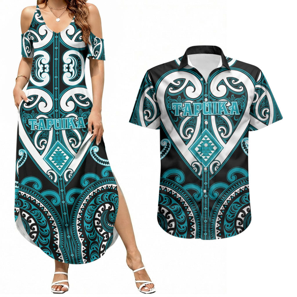 Custom Aotearoa Tapuika Couples Matching Summer Maxi Dress and Hawaiian Shirt Maori Tribal Pattern LT05 Teal - Polynesian Pride