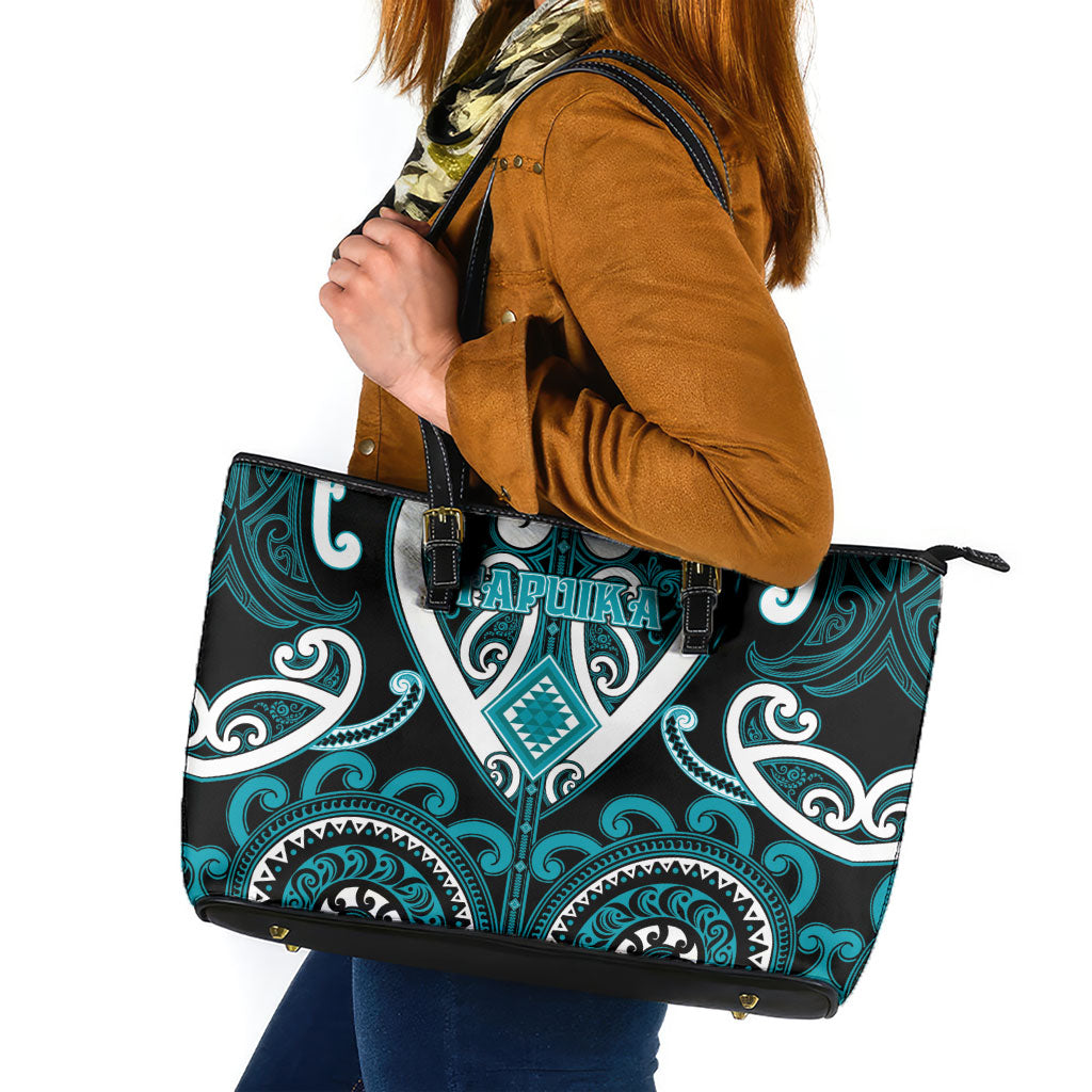 Aotearoa Tapuika Leather Tote Bag Maori Tribal Pattern LT05 Teal - Polynesian Pride