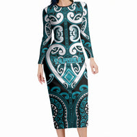 Custom Aotearoa Tapuika Long Sleeve Bodycon Dress Maori Tribal Pattern LT05 Long Dress Teal - Polynesian Pride