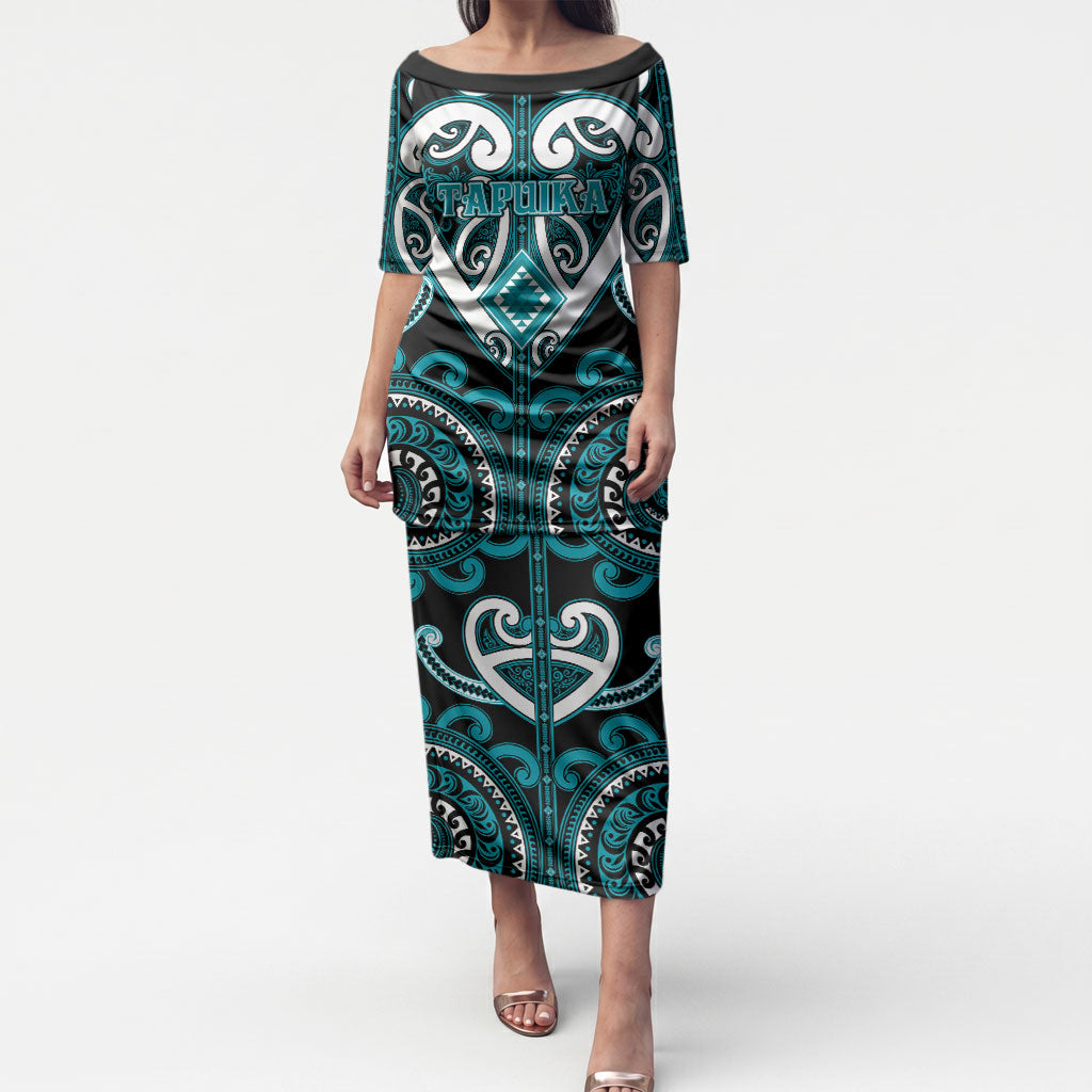 Custom Aotearoa Tapuika Puletasi Maori Tribal Pattern LT05 Long Dress Teal - Polynesian Pride