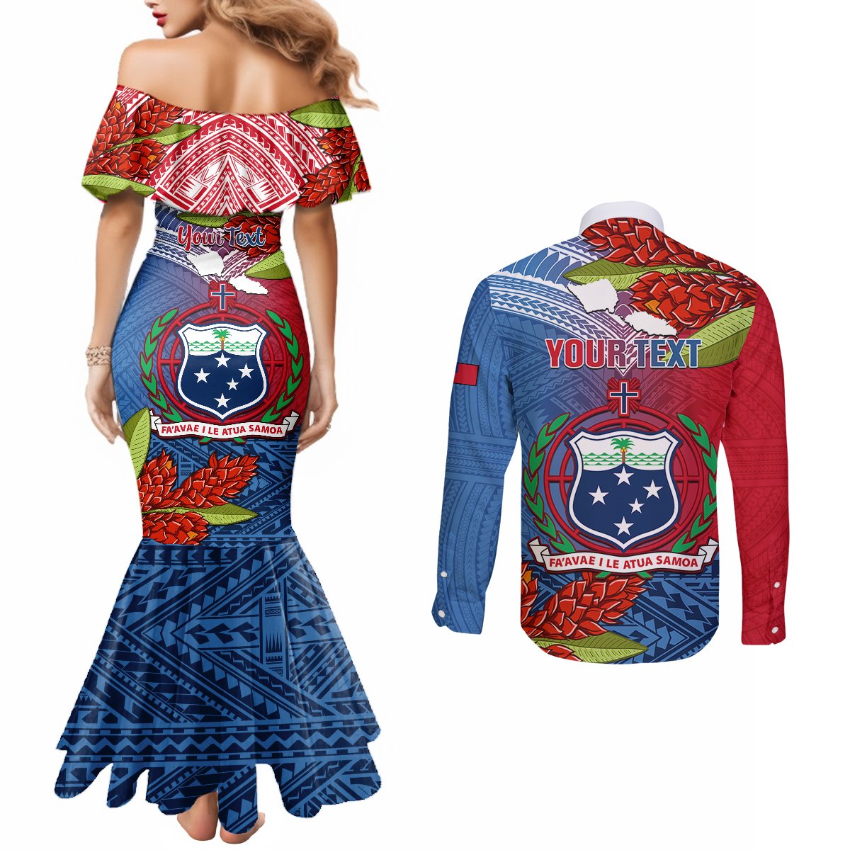Personalized Samoa Couples Matching Mermaid Dress and Long Sleeve Button Shirts Teuila Torch Ginger Mix Polynesian Tribal LT05 - Polynesian Pride