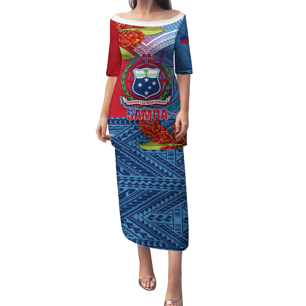 Personalized Samoa Puletasi Teuila Torch Ginger Mix Polynesian Tribal LT05 Long Dress Blue - Polynesian Pride