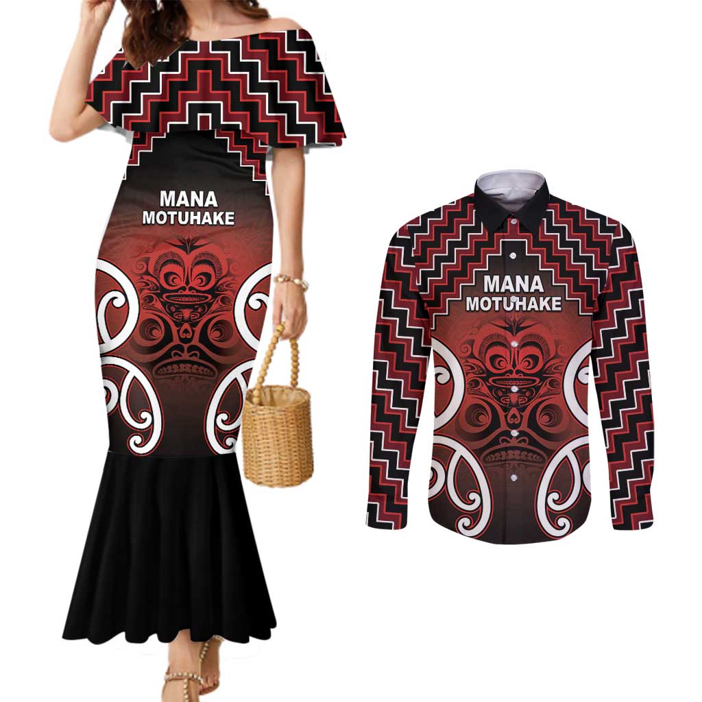 Personalised Aotearoa Mana Motuhake Couples Matching Mermaid Dress and Long Sleeve Button Shirt Poutama With Maori Pattern - Polynesian Pride